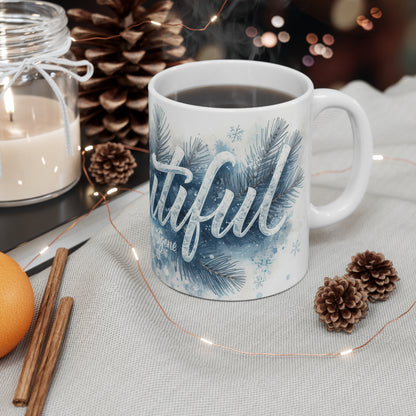 Mug with 'Beautiful' design on a table with decorative items