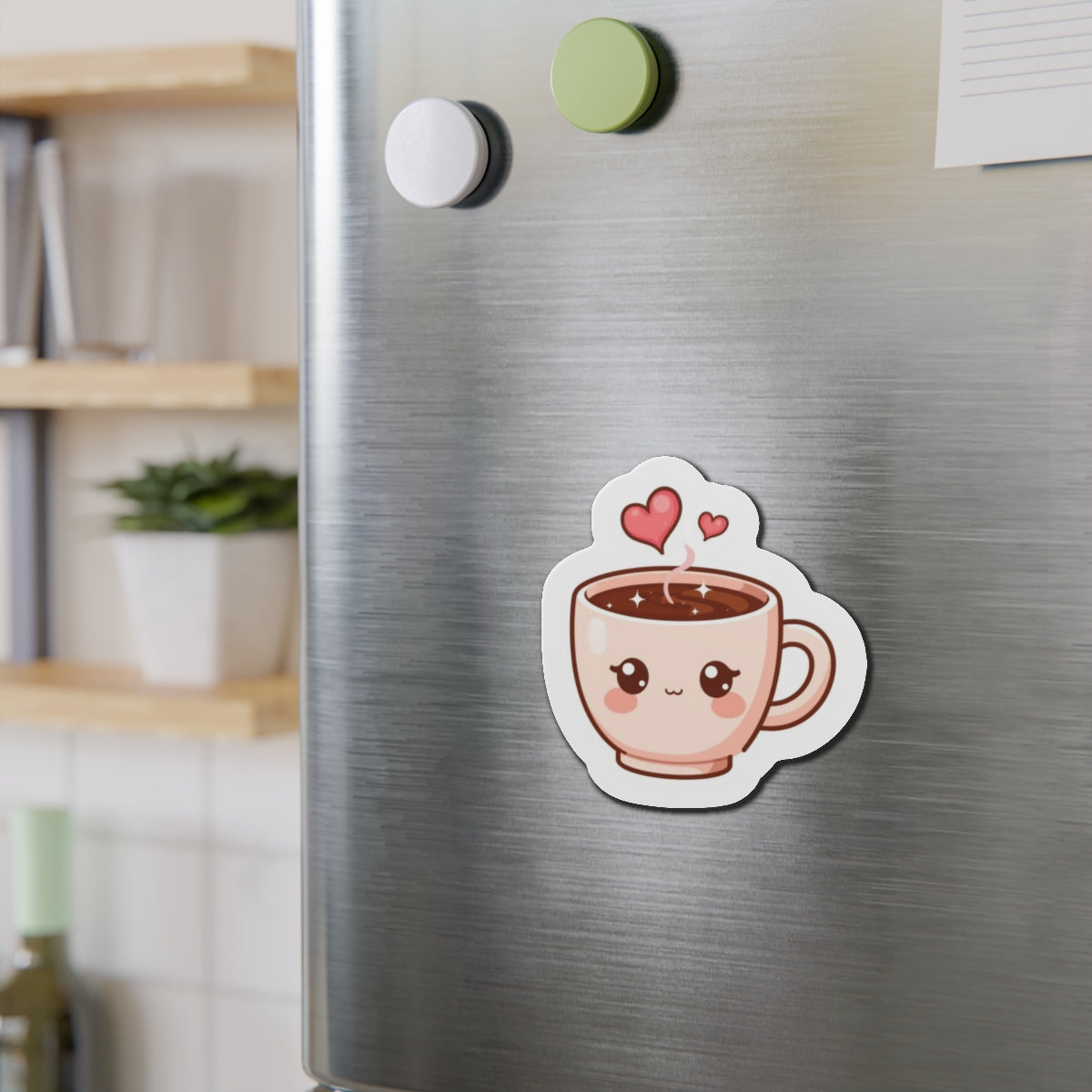 Fridge magnet shaped like a kawaii coffee cup with hearts on a metallic surface.