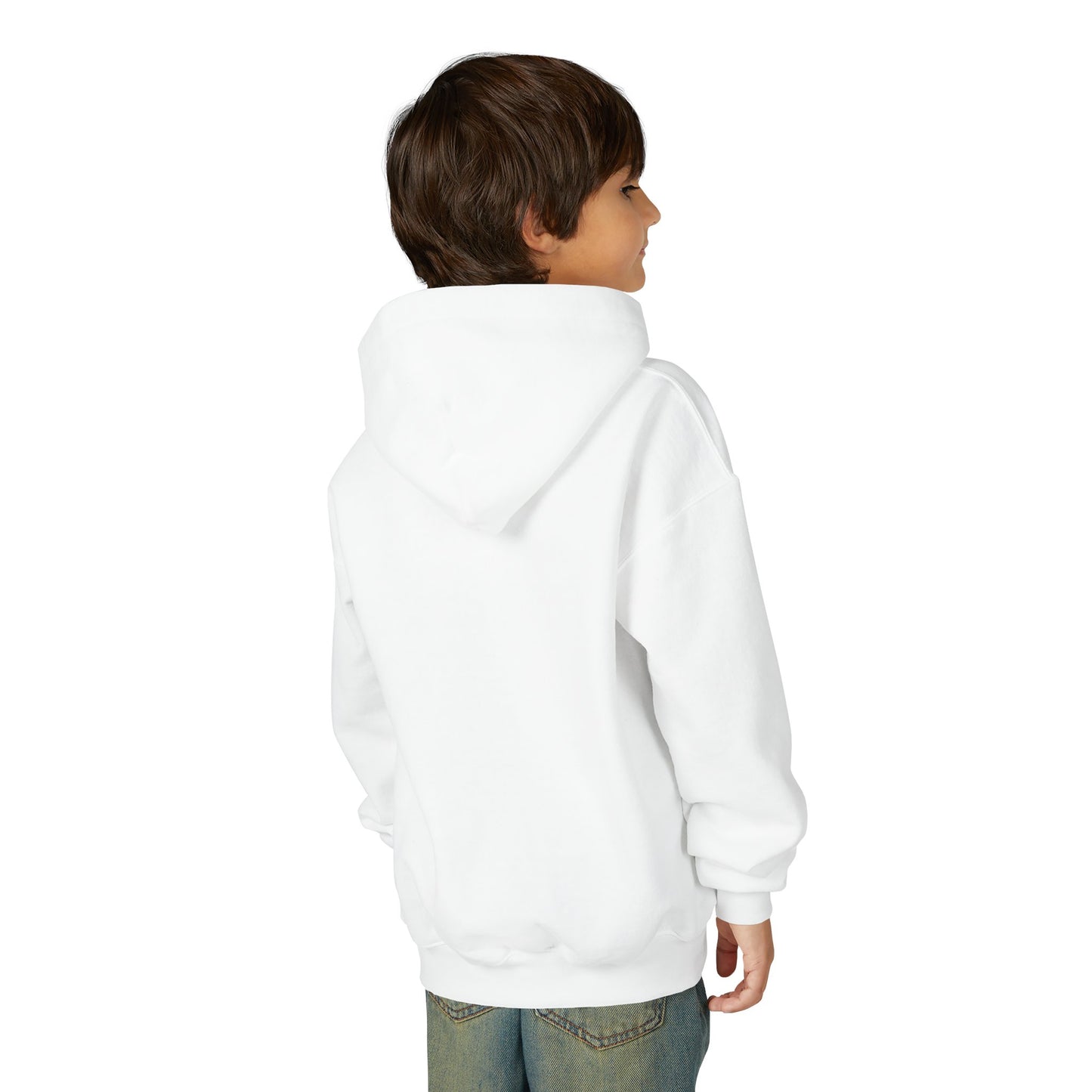 Child wearing a white hoodie on a white background