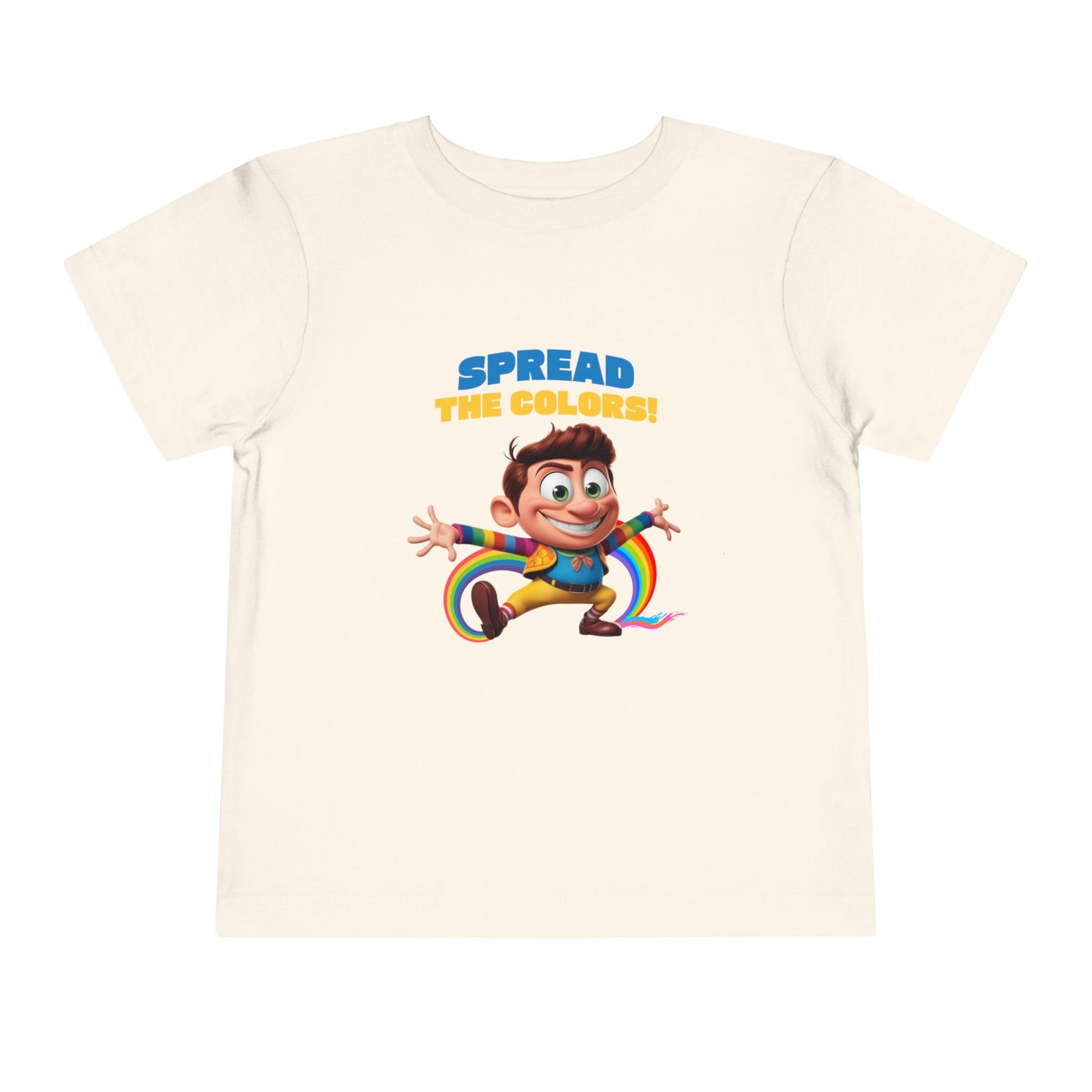 Cartoon boy jumping with rainbow trail and "Spread the Colors on natural T-shirt