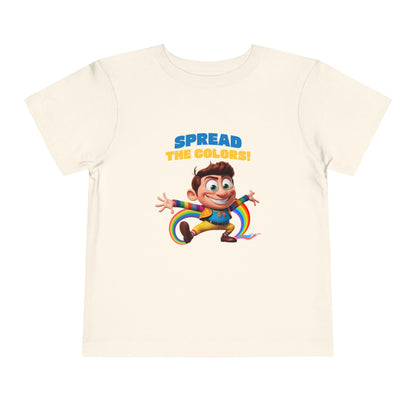 Cartoon boy jumping with rainbow trail and "Spread the Colors on natural T-shirt