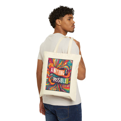 Person carrying a tote bag with a colorful design and text.