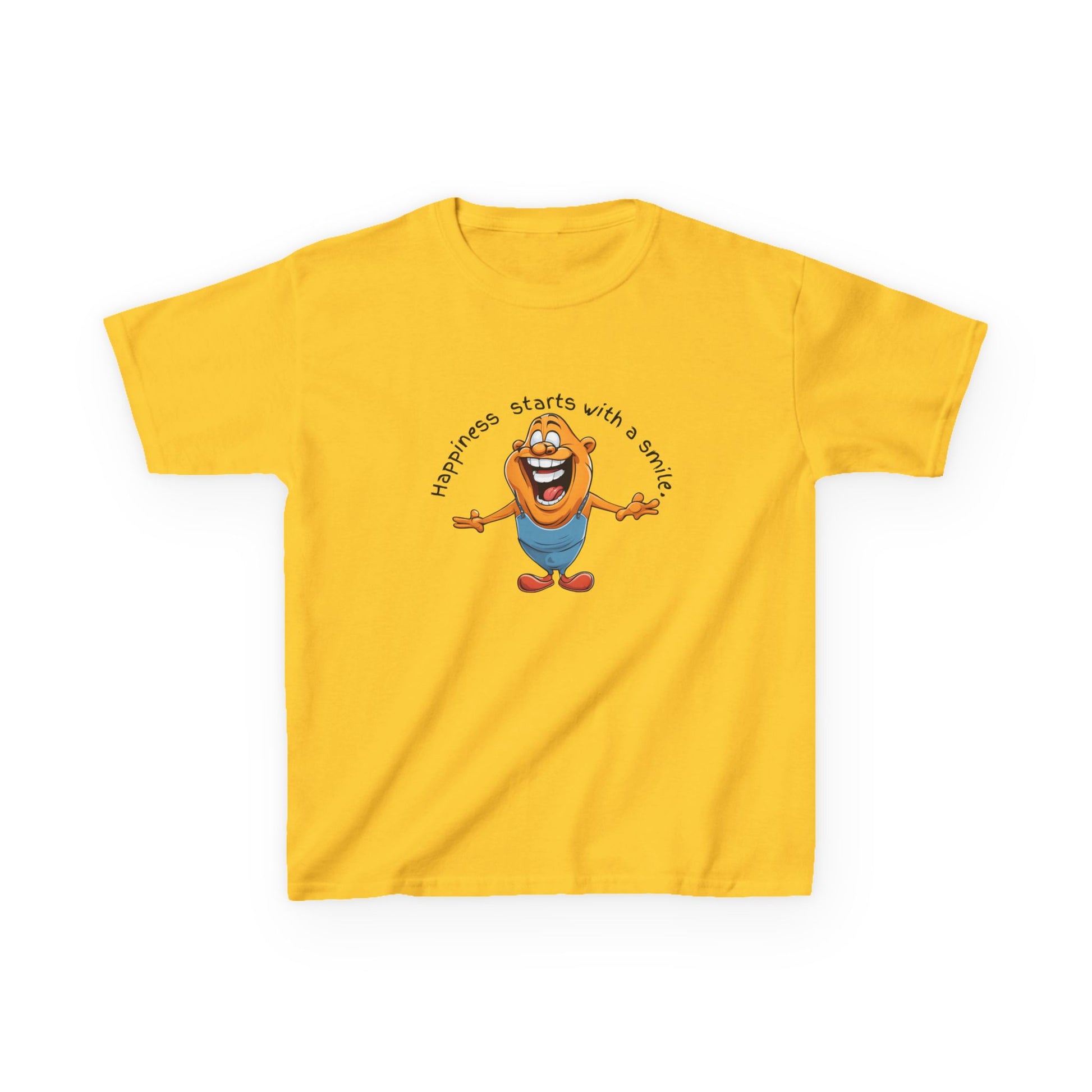 Kids cotton t-shirt with cute cartoon character and “Happiness Starts with a Smile” text