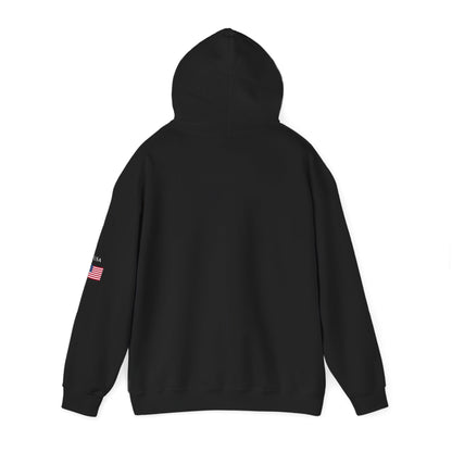 Black hoodie with a small design on the sleeve against a white background