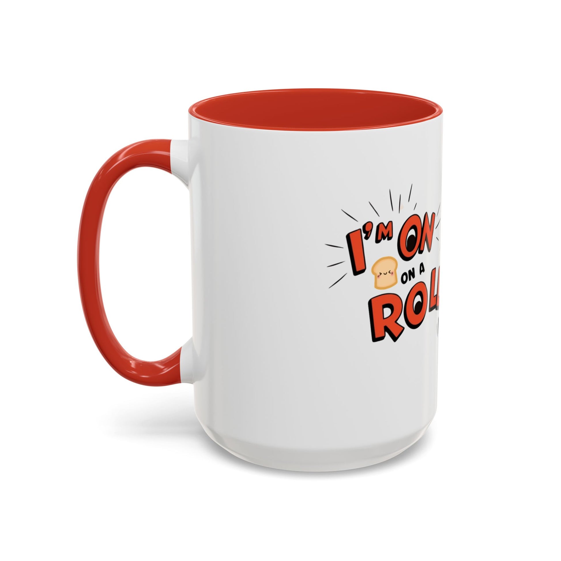 White mug with red interior and handle, featuring a graphic design and text.