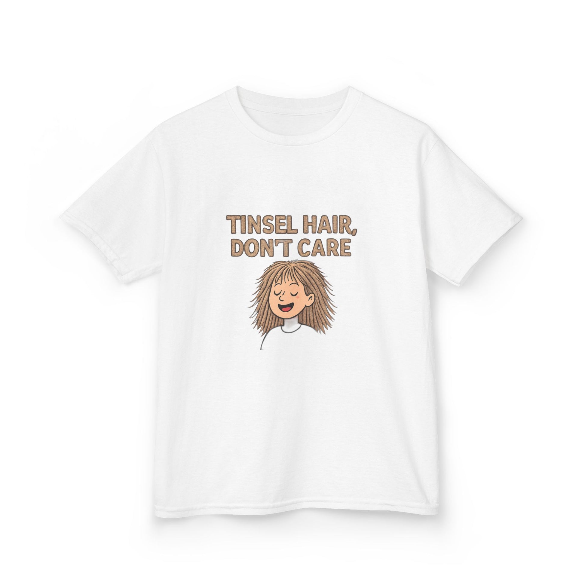 White t-shirt with 'Tinsel Hair, Don't Care' text and cartoon character on a white background