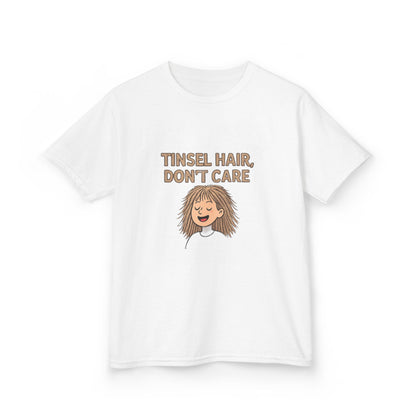 White t-shirt with 'Tinsel Hair, Don't Care' text and cartoon character on a white background