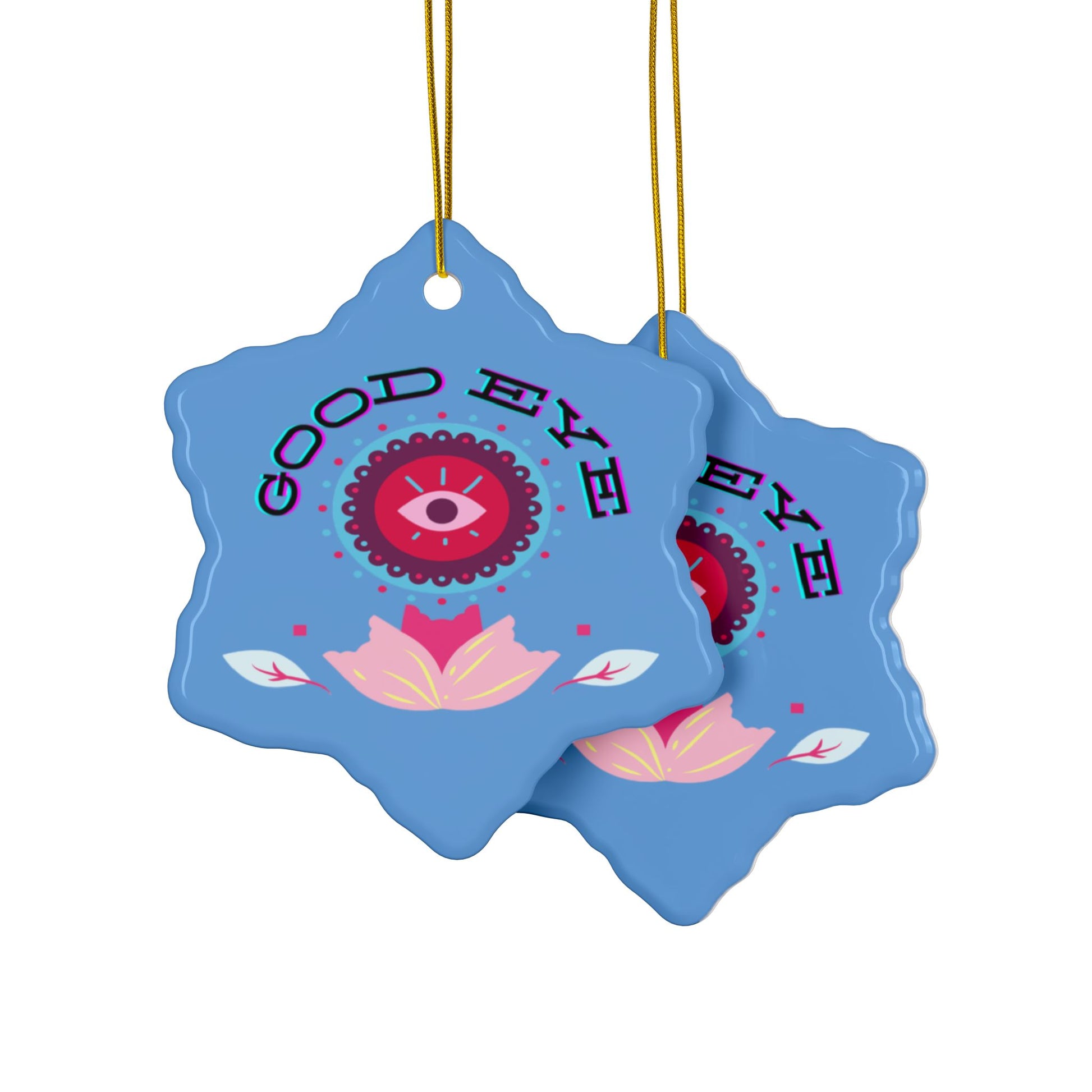 Blue decorative ornaments with 'Good Eye' text and eye design.