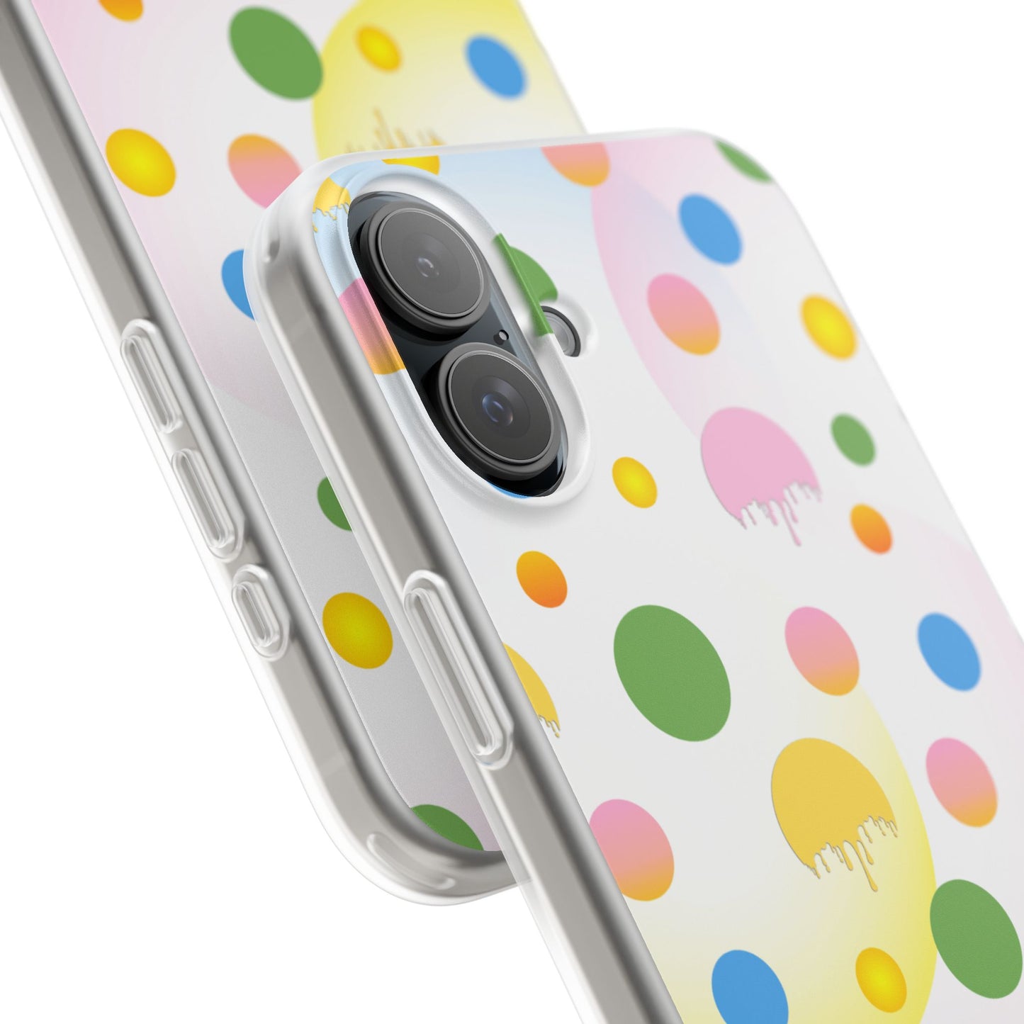 Phone case with colorful polka dot pattern on a white background