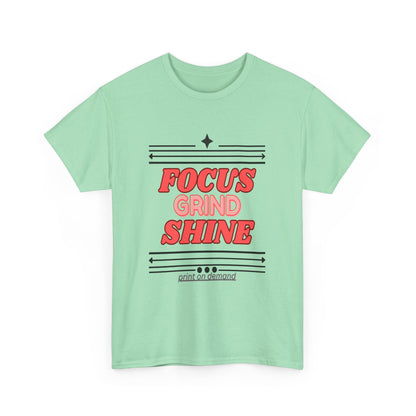 Mint green t-shirt with red and black text on a white background