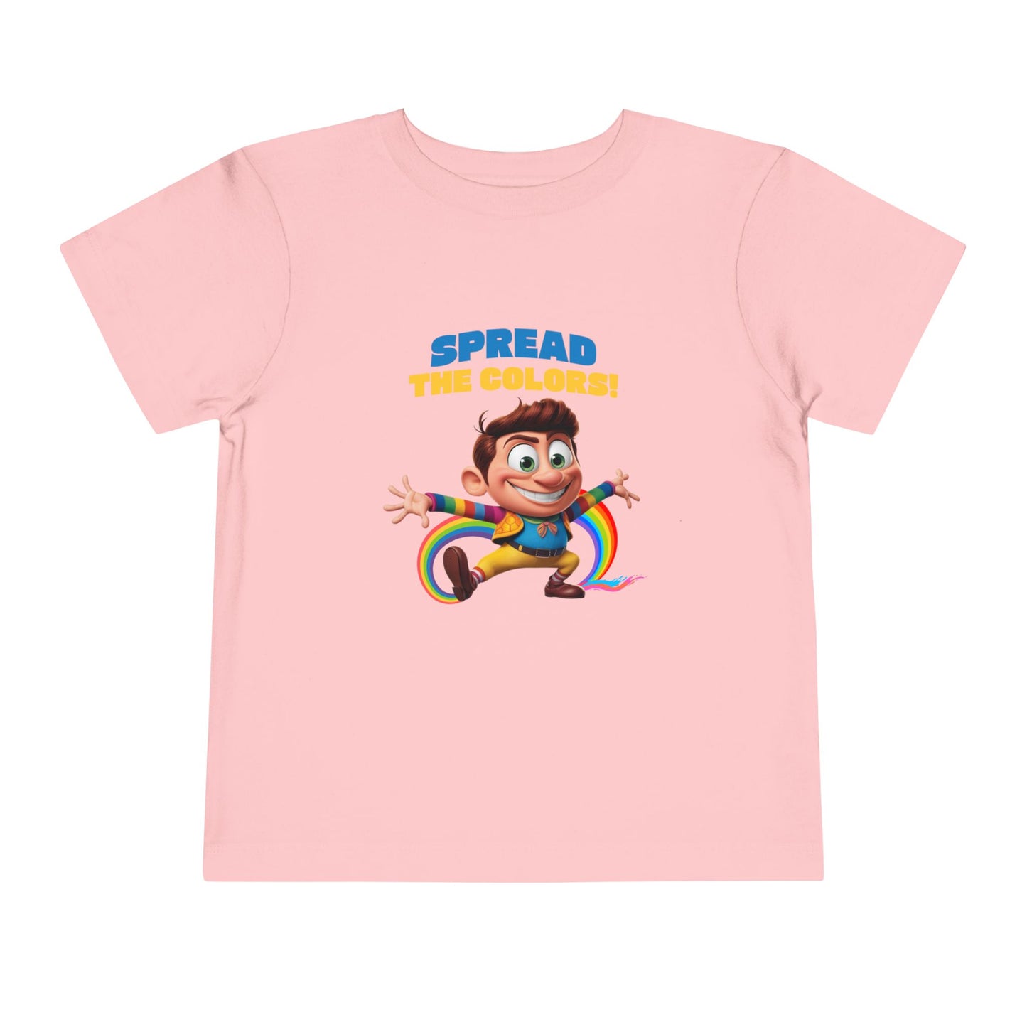 Cartoon boy jumping with rainbow trail and "Spread the Colors!" text on pink T-shirt.

