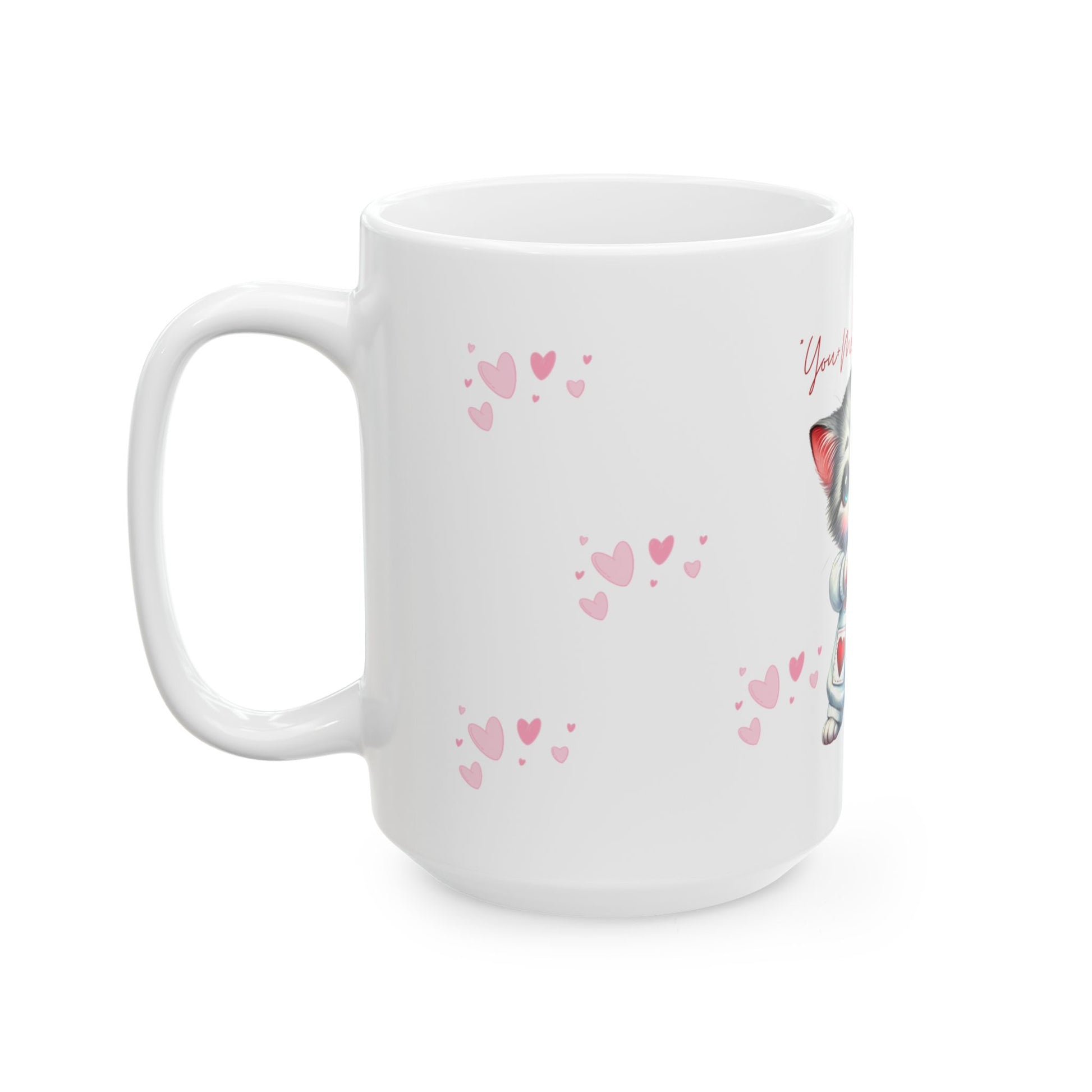 White mug with pink heart patterns on a white background