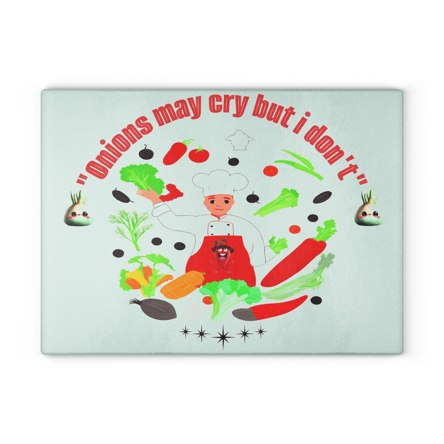 Colorful illustration of a chef surrounded by vegetables with text on a light green background