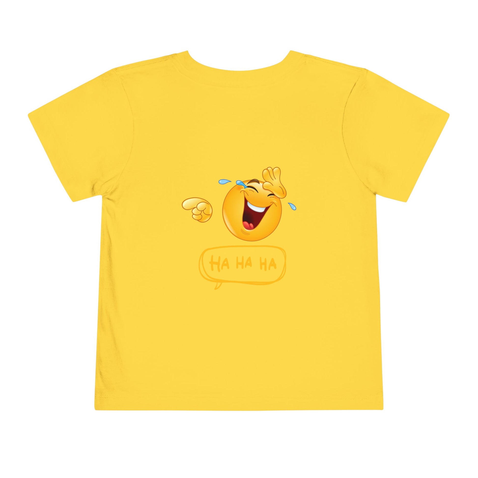 Yellow t-shirt with a laughing emoji and 'HA HA HA' text on a white background
