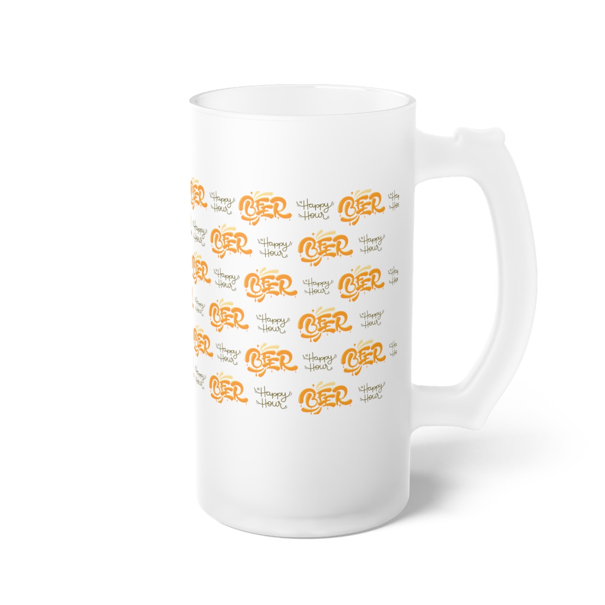Frosted beer glass with "Happy Hour" text – stylish drinkware for chilled beverages.

