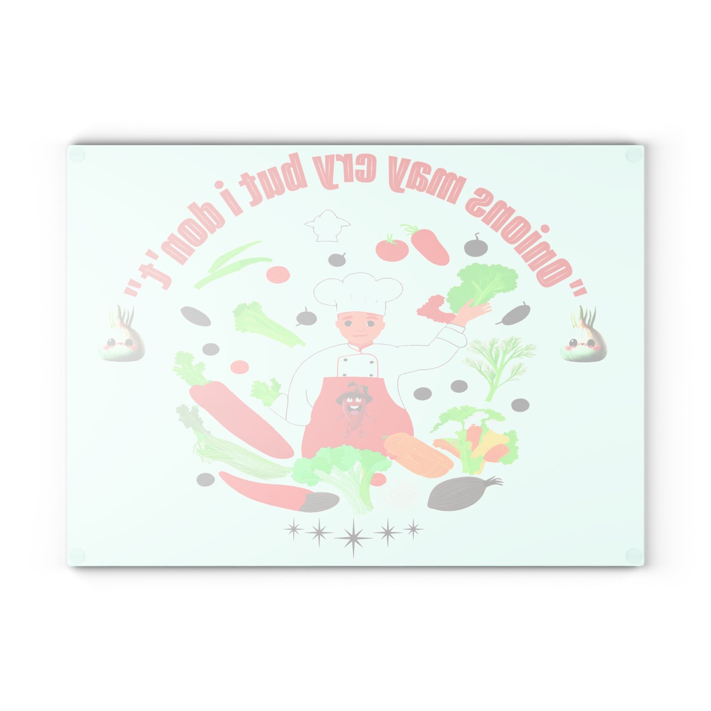 Colorful illustration of a chef surrounded by vegetables with text on a light green background