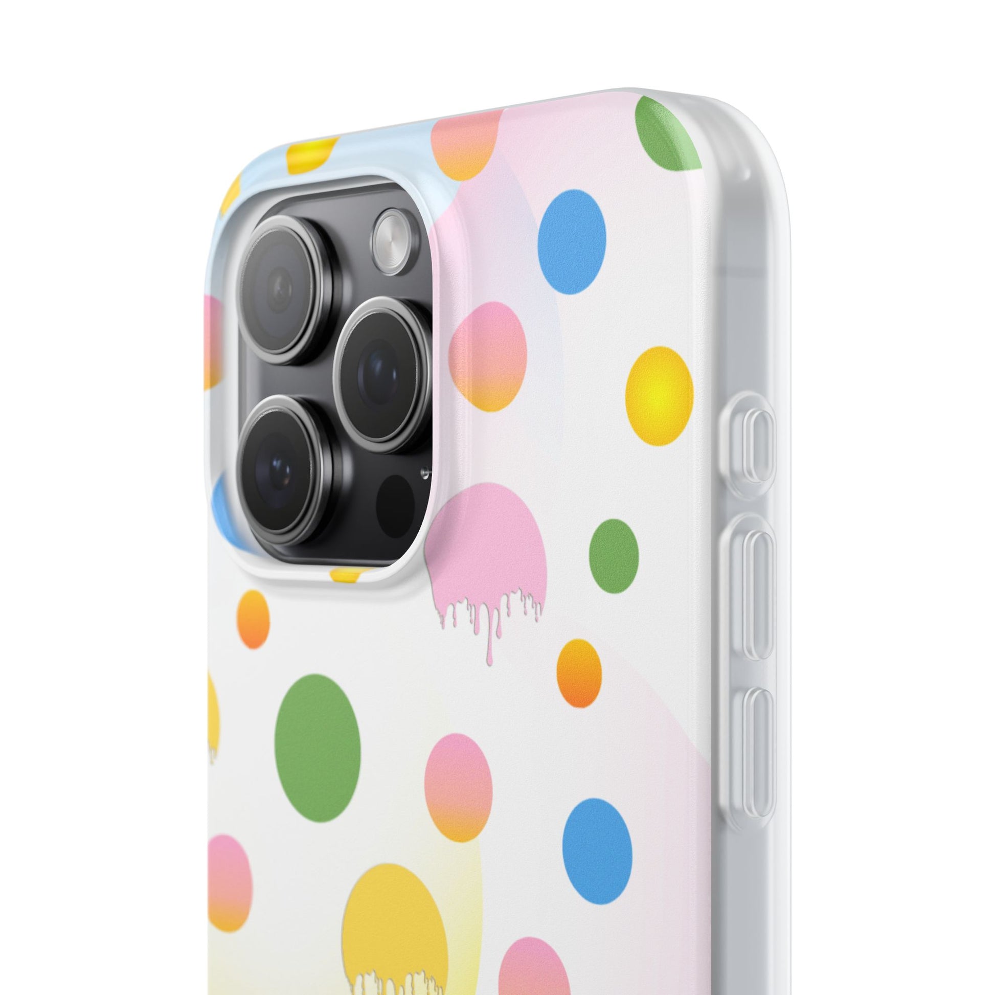 Phone case with colorful polka dot pattern on a white background