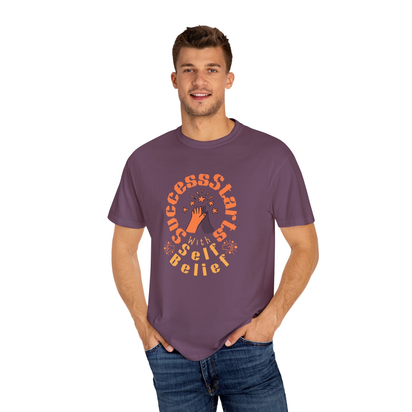 Man wearing a purple t-shirt with motivational text on a white background

