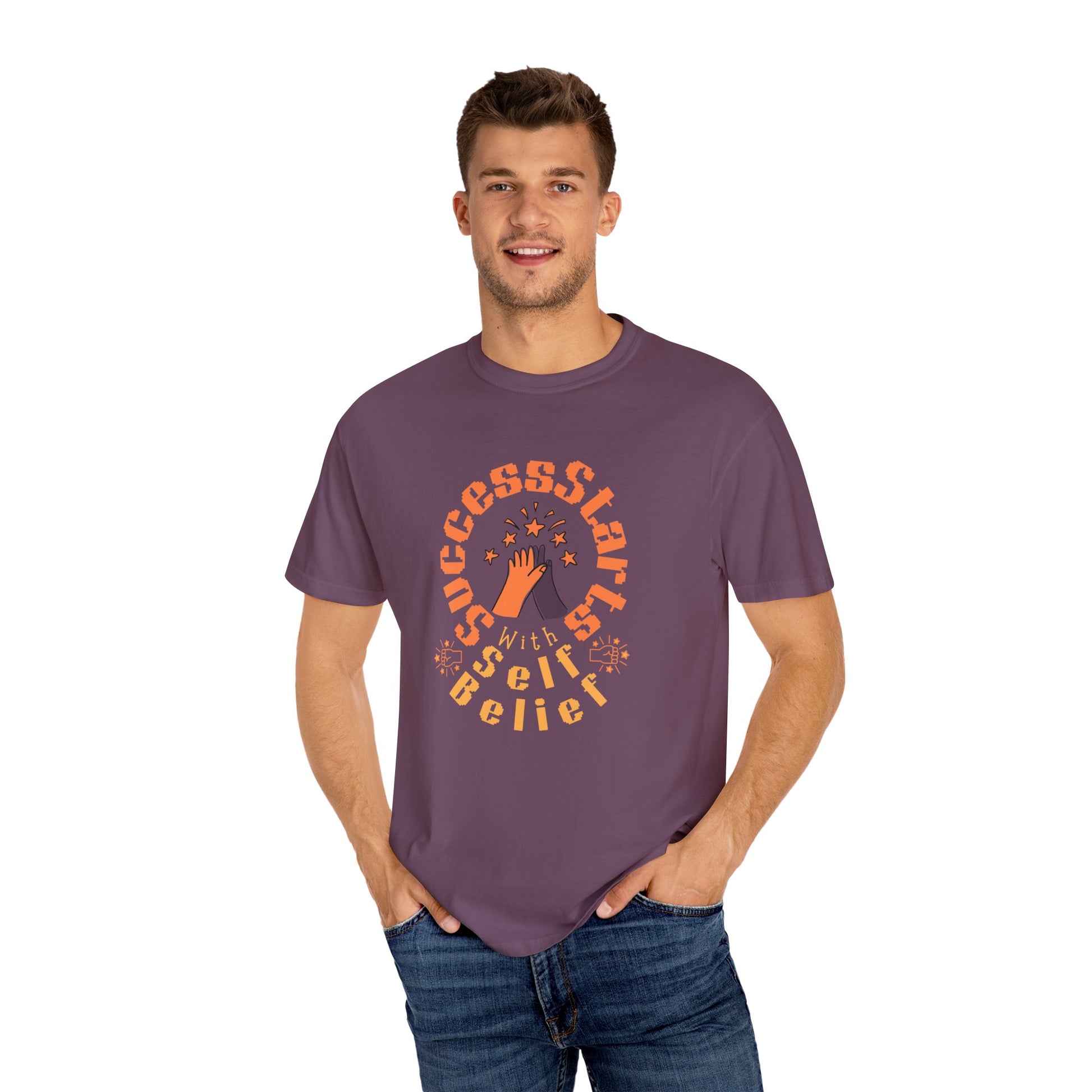 Man wearing a purple t-shirt with motivational text on a white background

