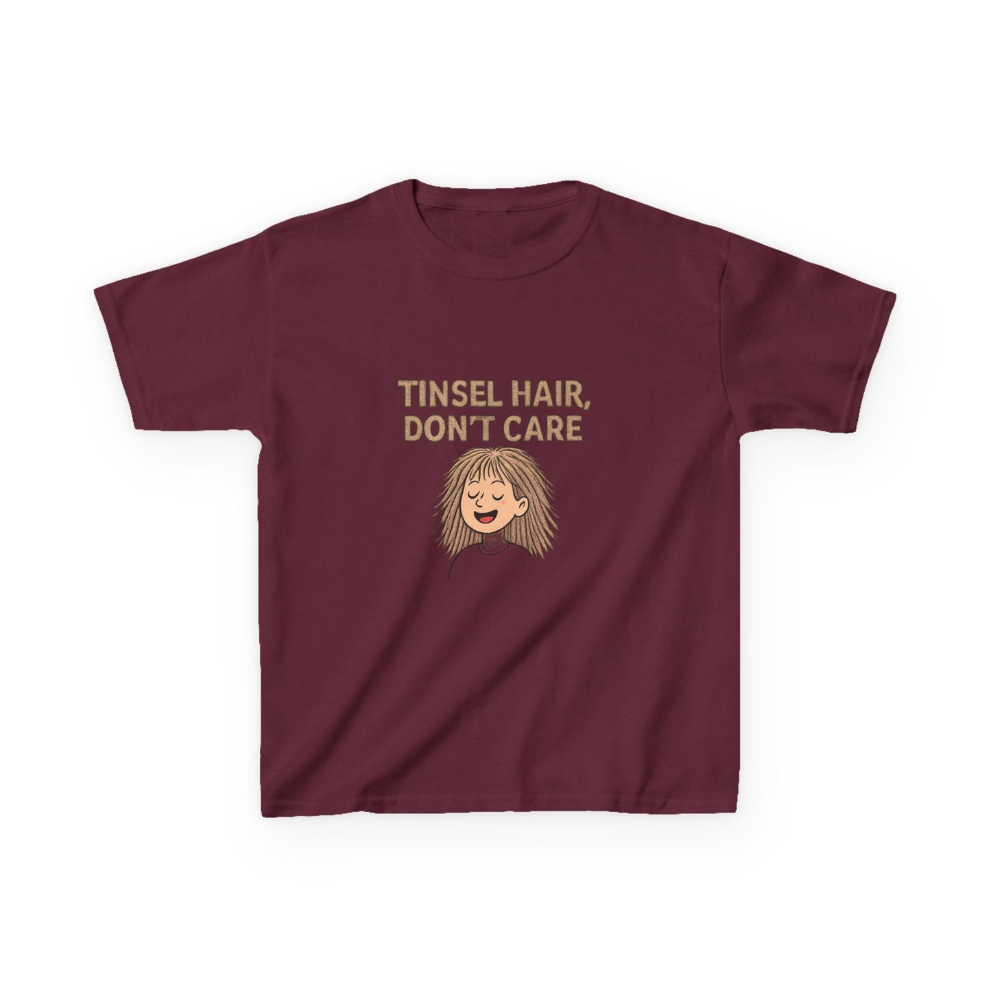 Maroon t-shirt with 'Tinsel Hair, Don't Care' text and cartoon character on a white background