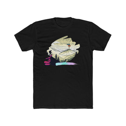 Black t-shirt with colorful abstract mountain design on a white background
