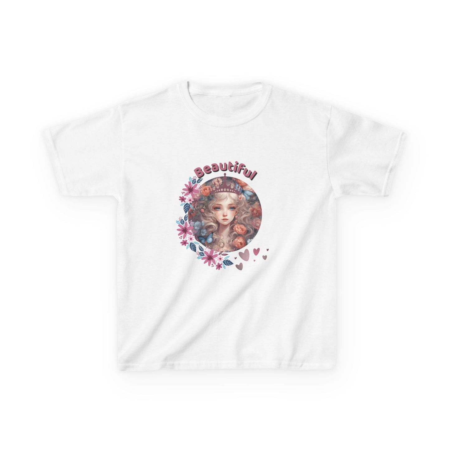 White t-shirt with a graphic design of a woman's face surrounded by flowers and the word 'Beautiful' on a white background.
