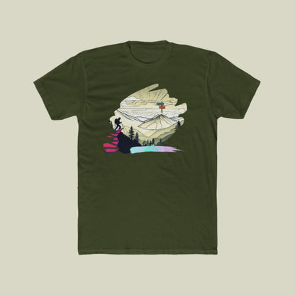 unisex solid Green t-shirt with mountain and character graphic on off white background