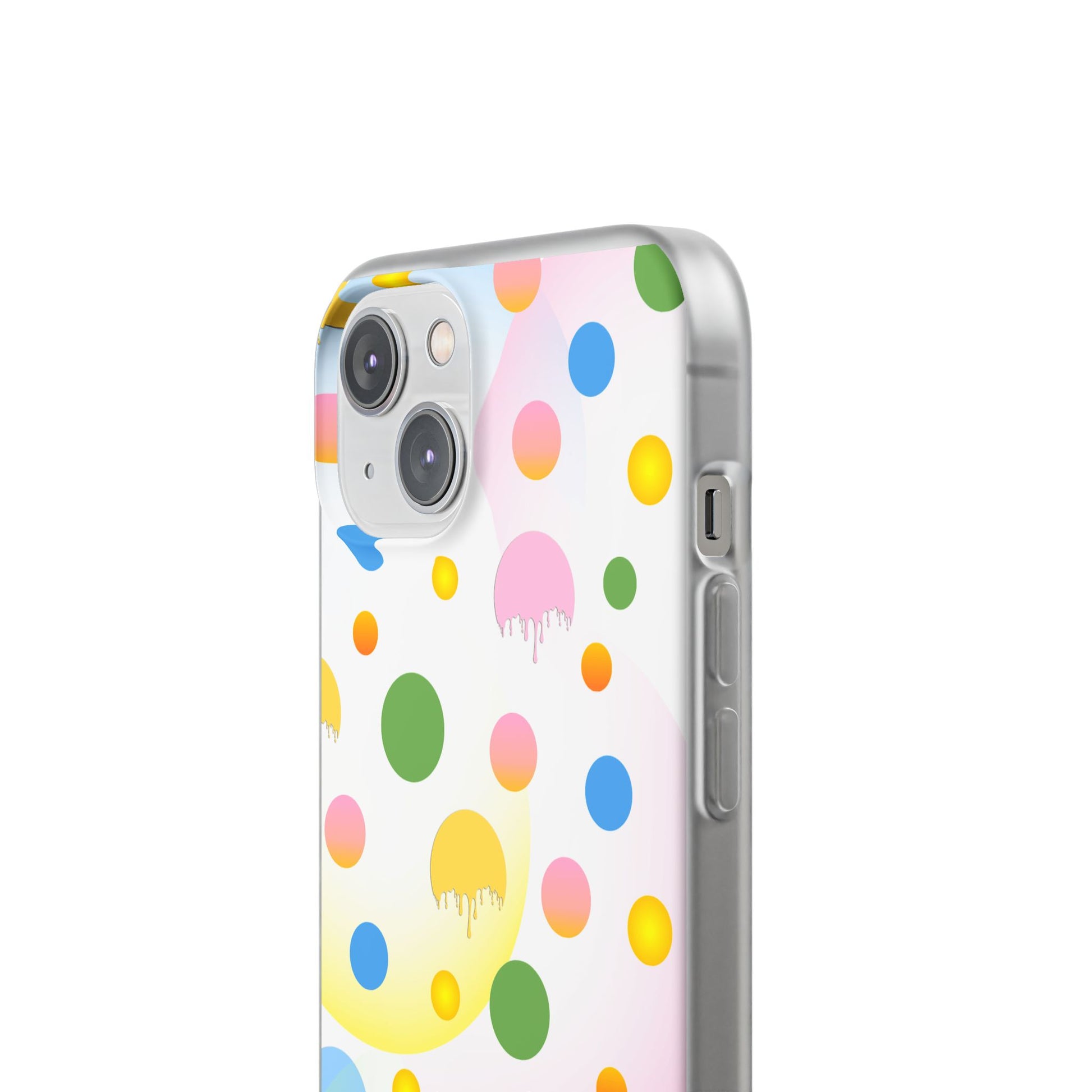 A semi-transparent matte finish mobile phone case with a multicolored dot pattern.