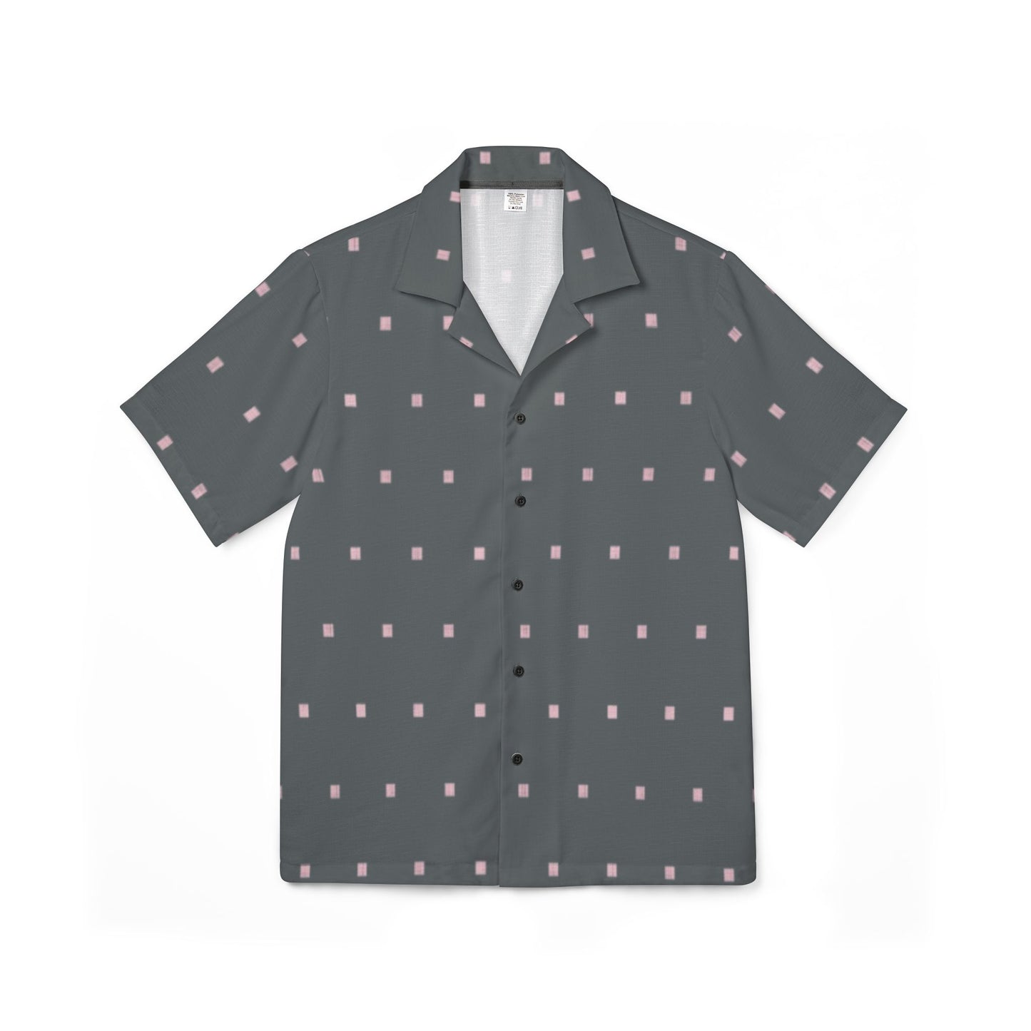 Grey men’s Hawaiian camp shirt with small pink box pattern"