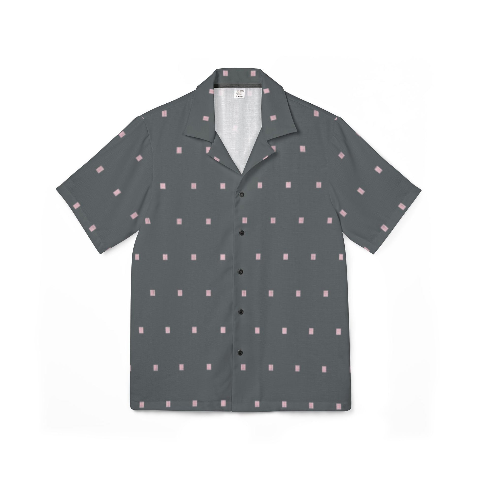 Grey men’s Hawaiian camp shirt with small pink box pattern"