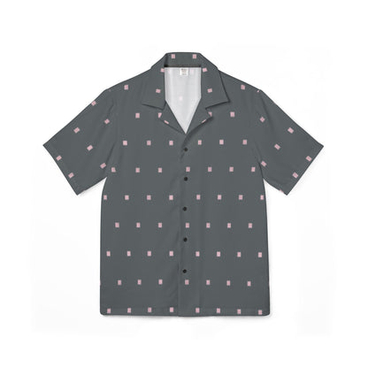 Grey men’s Hawaiian camp shirt with small pink box pattern"