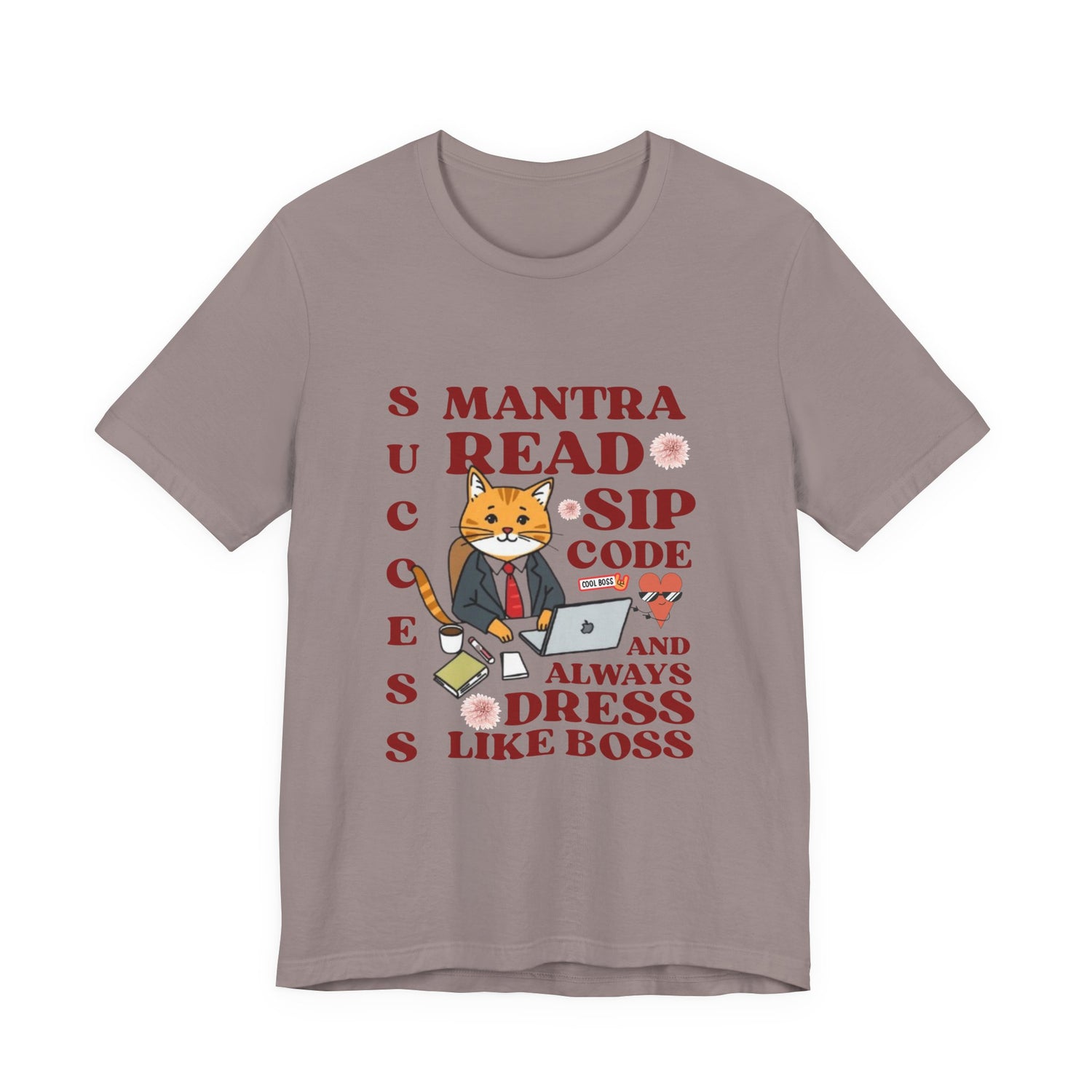 Gray t-shirt with a graphic of a cat and text on a white background