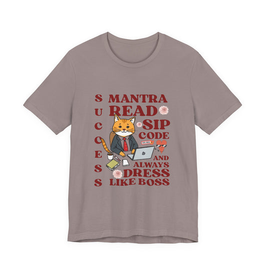 Gray t-shirt with a graphic of a cat and text on a white background