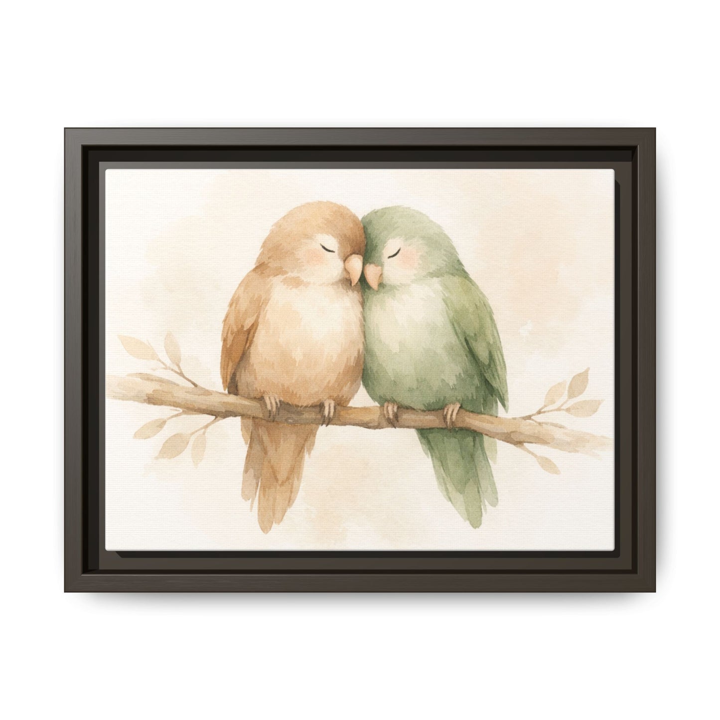 Framed artwork of two birds on a branch with a beige background