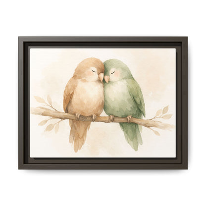 Framed artwork of two birds on a branch with a beige background