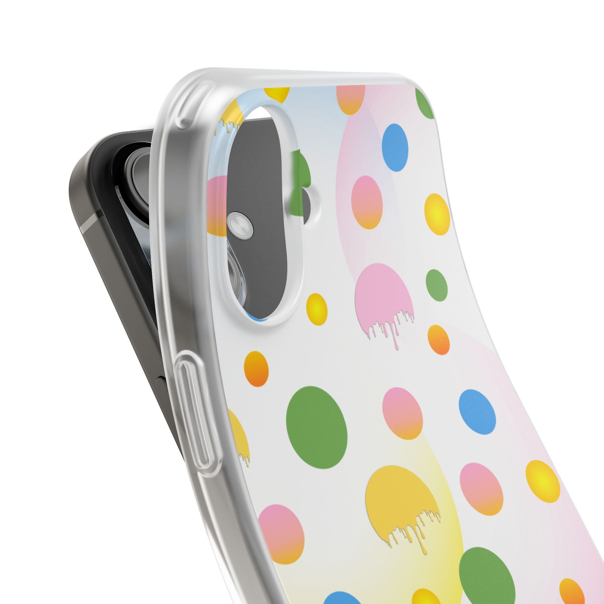 Phone case with colorful polka dot pattern on a white background