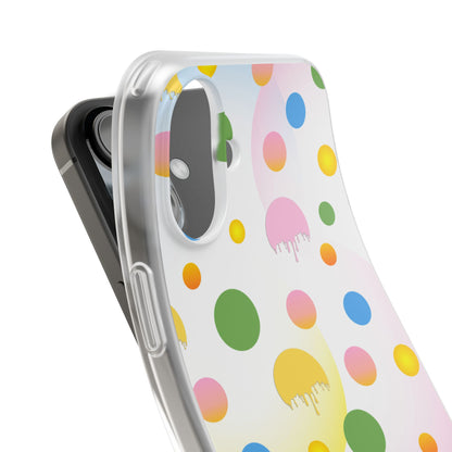 Phone case with colorful polka dot pattern on a white background