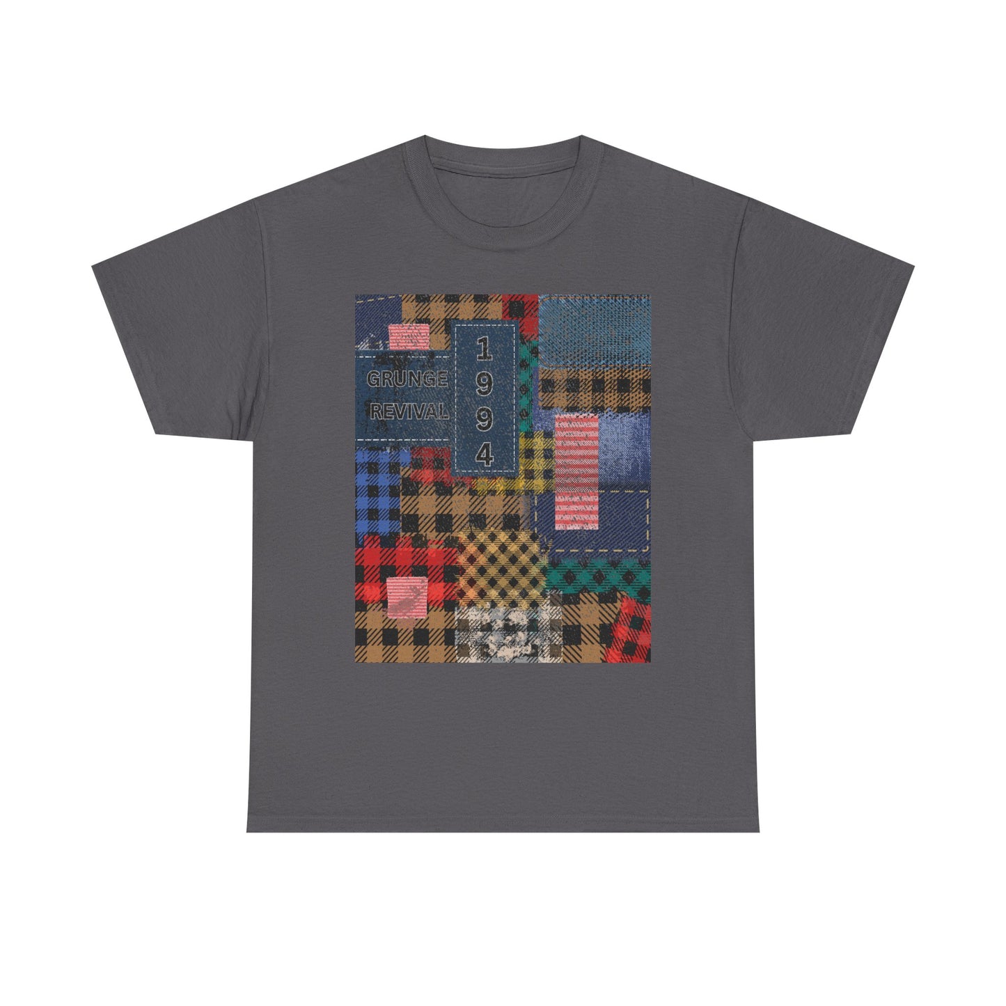 Black t-shirt with a colorful patchwork design on a white background