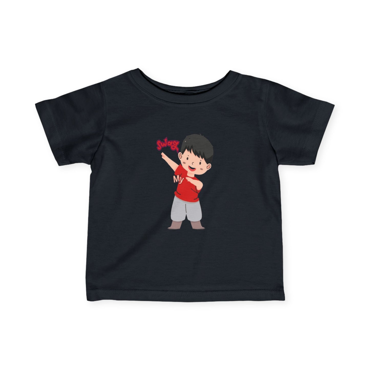 Baby wearing black fine jersey tee with soft cotton fabric

