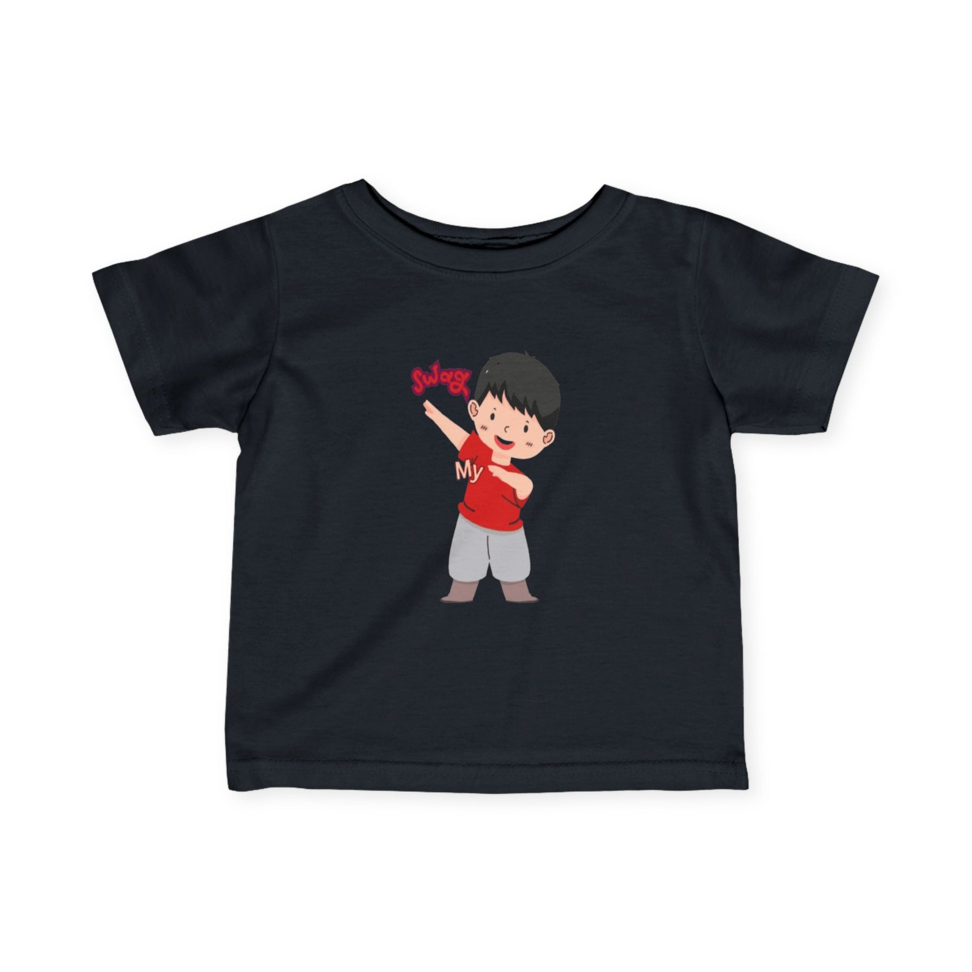 Baby wearing black fine jersey tee with soft cotton fabric

