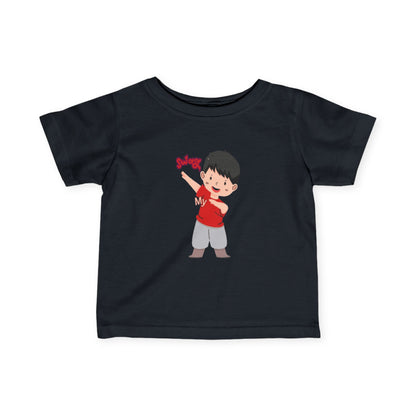Baby wearing black fine jersey tee with soft cotton fabric

