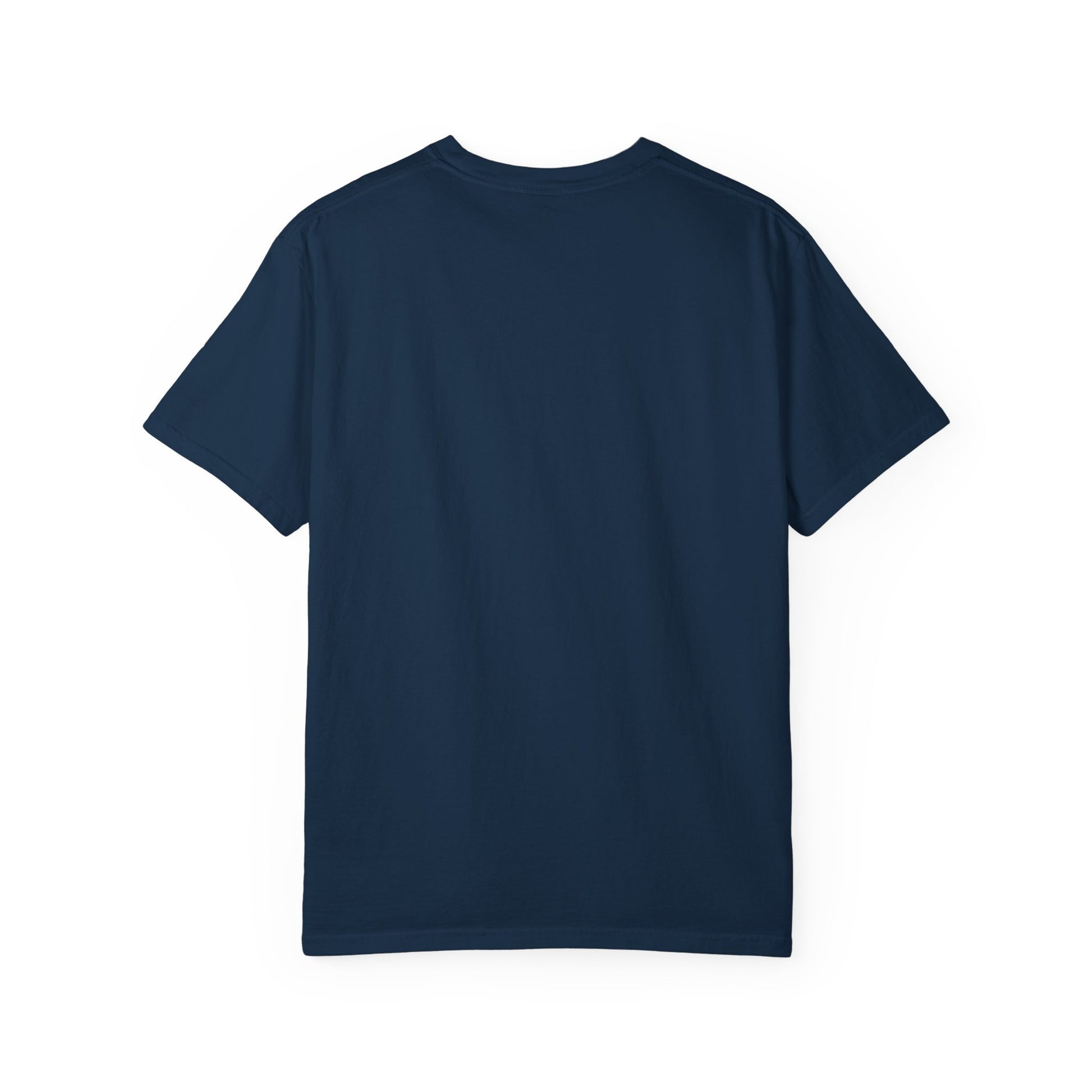 Rear view of plain back side garment-dyed t-shirt
