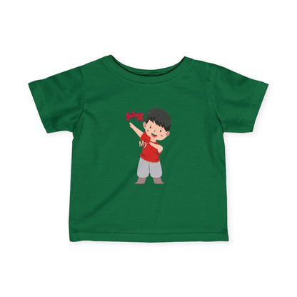 Baby wearing kelly fine jersey tee with soft cotton fabric

