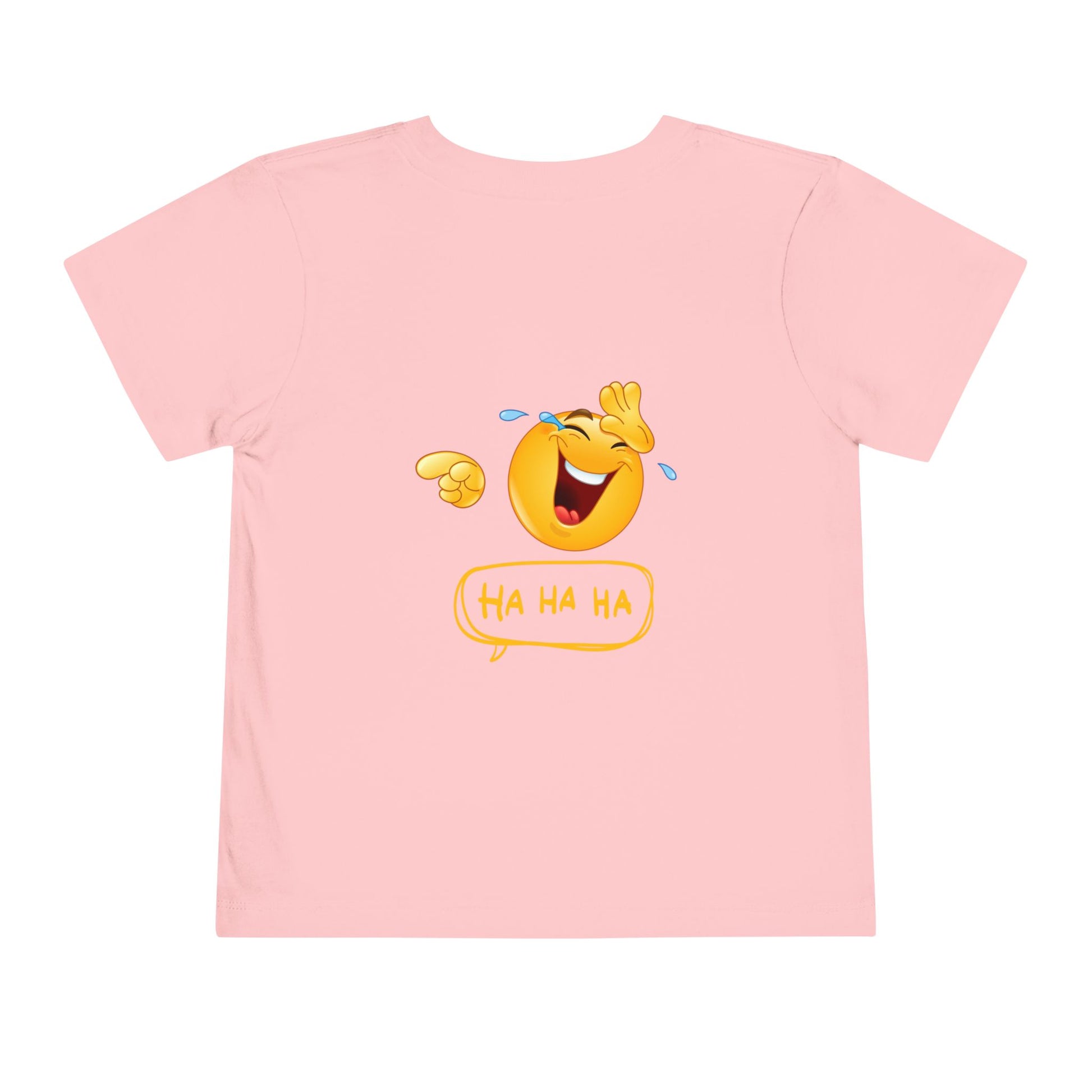 Pink t-shirt with a laughing emoji design on a white background