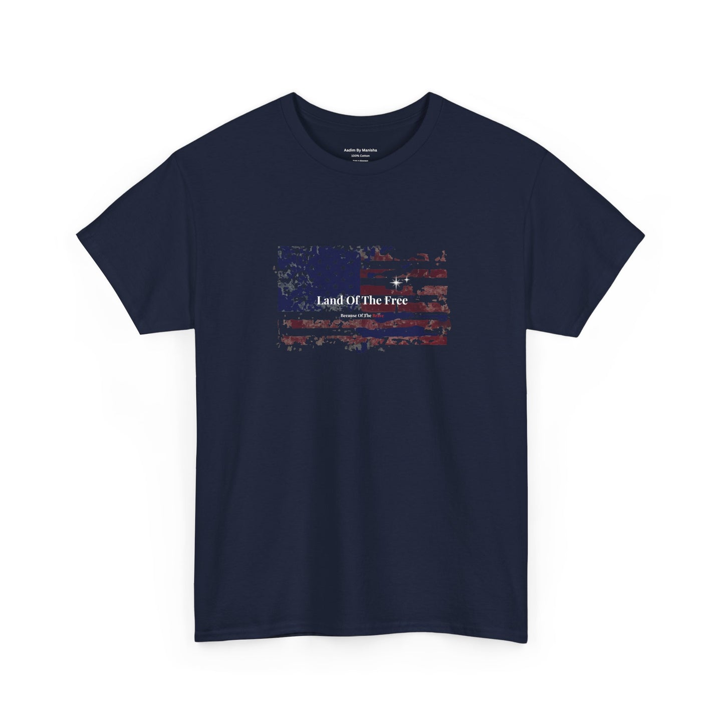 Navy blue t-shirt with American flag graphic and 'Land Of The Free' text on a white background