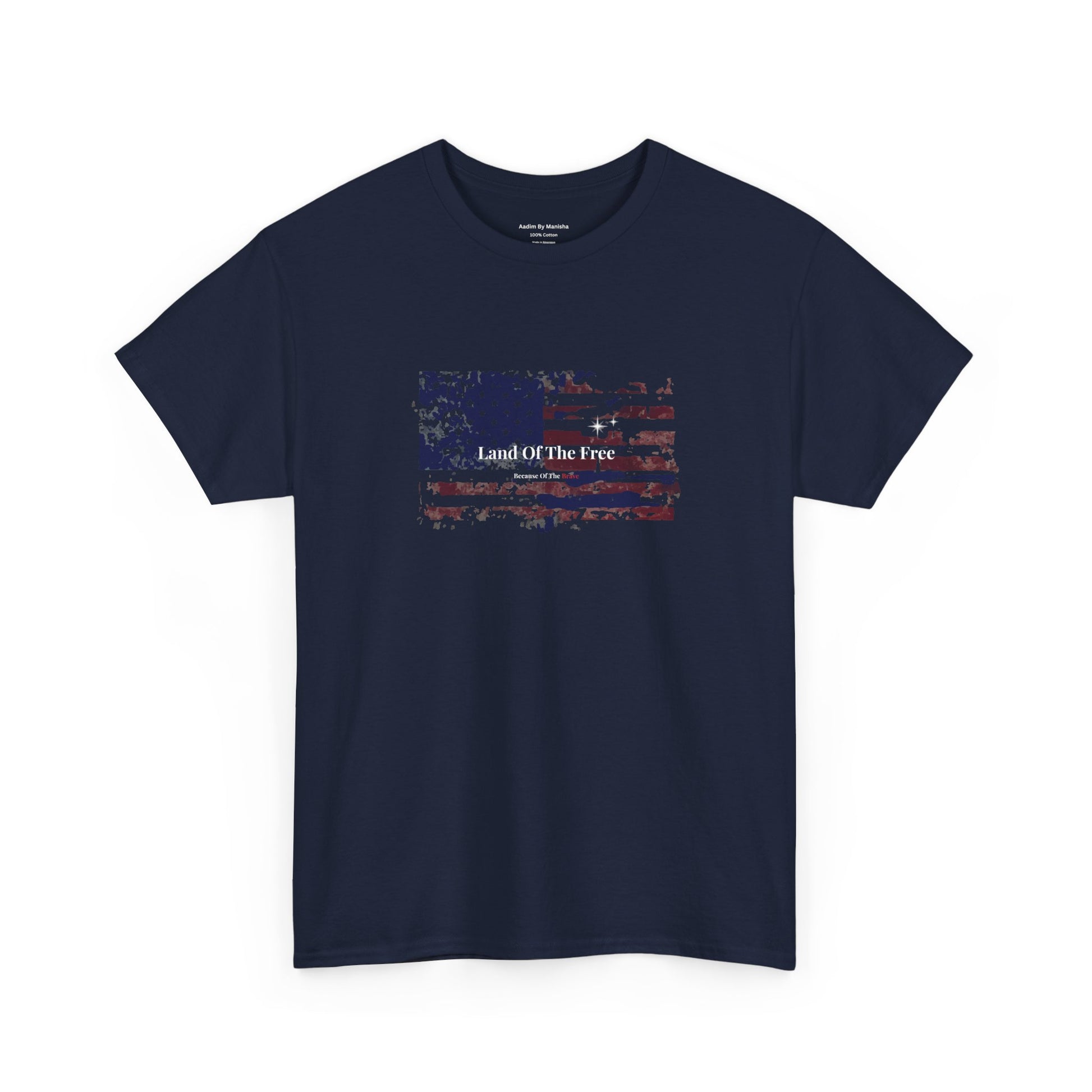 Navy blue t-shirt with American flag graphic and 'Land Of The Free' text on a white background