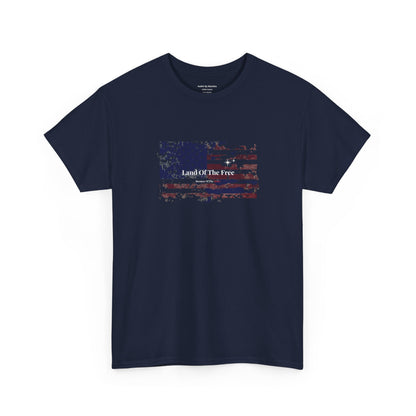 Navy blue t-shirt with American flag graphic and 'Land Of The Free' text on a white background