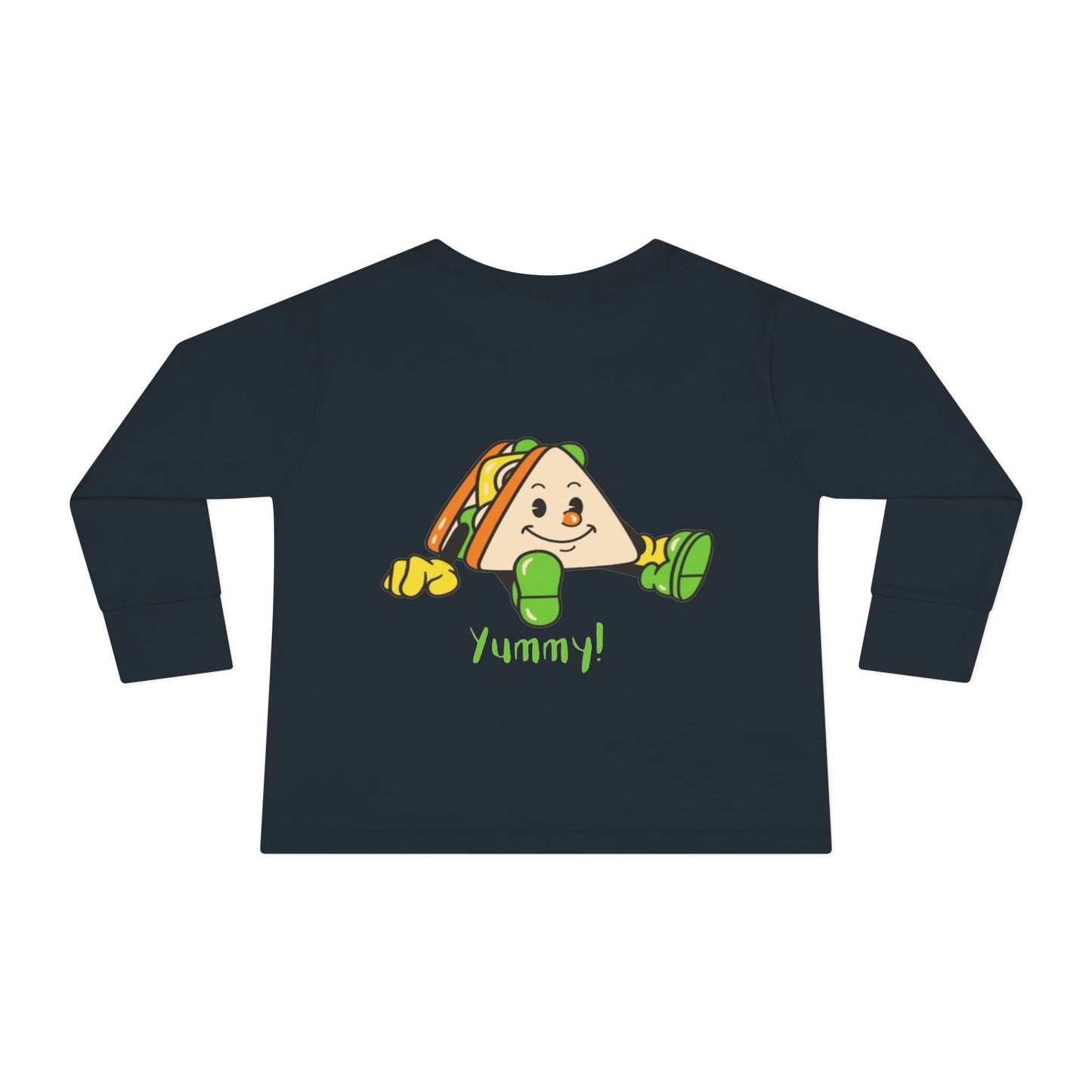 Black long-sleeve shirt with a cartoon taco and 'Yummy!' text on a white background