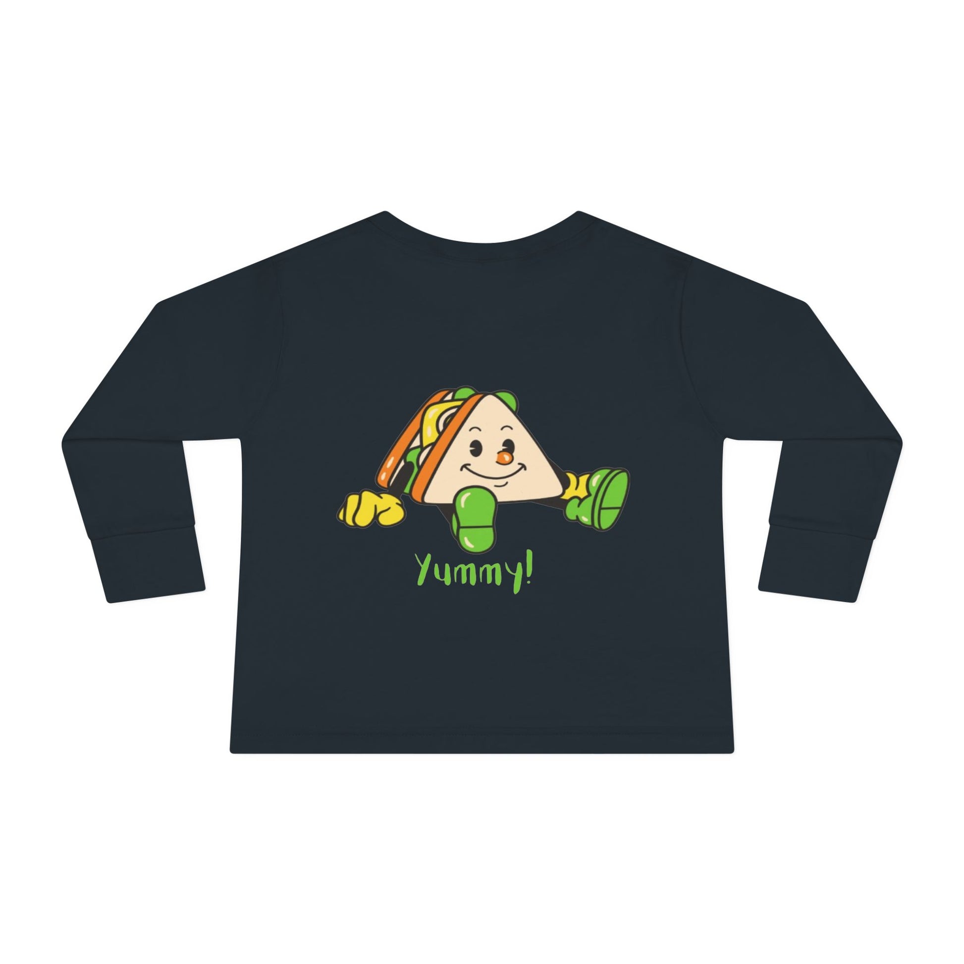 Black long-sleeve shirt with a cartoon taco and 'Yummy!' text on a white background