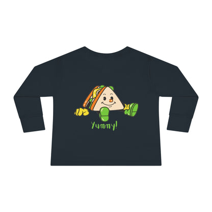 Black long-sleeve shirt with a cartoon taco and 'Yummy!' text on a white background